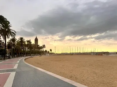 a beach with palm trees and a clock tower in the distance at Bonaire Penthouse Sitges 2 terraces steps from beach in Sitges