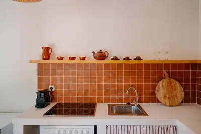a kitchen with a sink and orange tiles on the wall at Masia Can Pares in Sant Pere de Ribes