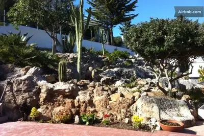 a garden with rocks and trees and plants at Indep suite 2 rooms in private villa views in Castelldefels