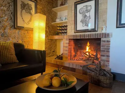 a living room with a fireplace and a bowl of fruit on a table at Masia Notari Casabona in Vilanova i la Geltrú