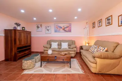 a living room with two couches and a coffee table at Masía con encanto para parar y desconectar in Castellví de la Marca
