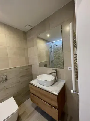 a bathroom with a sink and a toilet and a mirror at Apartamentos Barcelona - Iberia in Barcelona