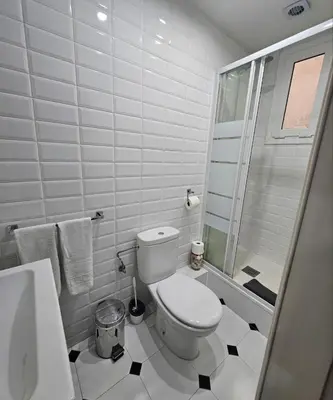 a white bathroom with a toilet and a shower at Five Room Family Flat Near Ramblas in Barcelona