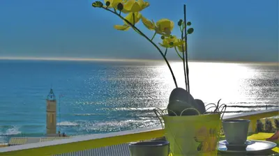 a vase with flowers on a balcony with the ocean at Bianca Seaview & Beach Apartment in Montgat