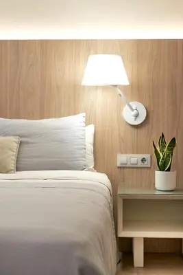 a bedroom with a bed and a lamp and a plant at Hotel Omnium in Barcelona