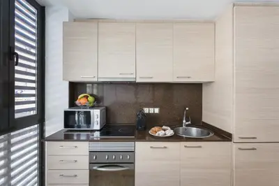 a kitchen with wooden cabinets and a sink and a microwave at Matarolux 6 in Mataró