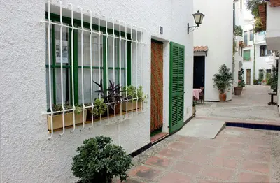 a building with green windows and potted plants on it at Mini Apartamento Port Aiguadolç in Sitges