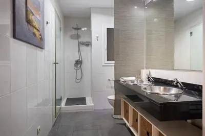 a bathroom with a sink and a shower and a toilet at Rambla Cat · Penthouse with terrace in Barcelona