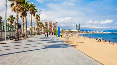 a sidewalk next to a beach with palm trees at Casa Natura Barcelona Fira & Camp Nou Stadium in Hospitalet de Llobregat