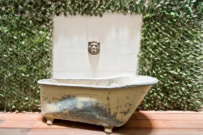 an old bath tub sitting in front of a bush at HoHomes - Luxury Palacete in Barcelona