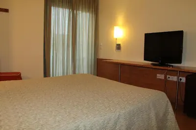 a hotel room with a bed and a flat screen tv at Hotel Flora Parc in Castelldefels