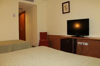 a hotel room with two beds and a flat screen tv at Hotel Flora Parc in Castelldefels