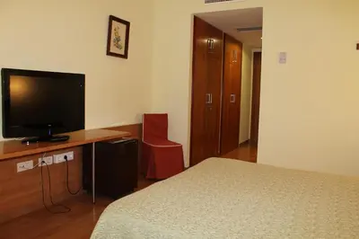 a bedroom with a bed and a flat screen tv at Hotel Flora Parc in Castelldefels