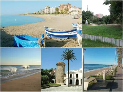 a collage of four pictures of a beach at Complex Vicor in Vilassar de Mar