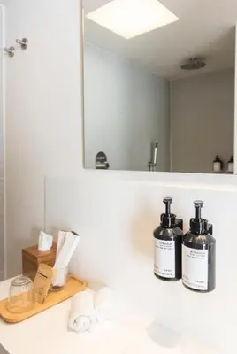 a bathroom with two bottles on a counter in front of a mirror at Hotel La Casa Del Sol in Barcelona