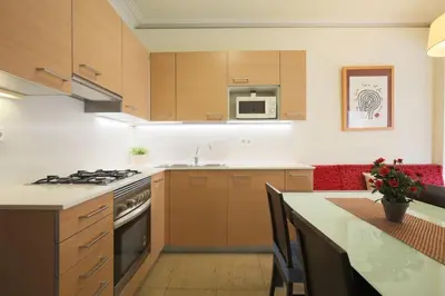 a kitchen with wooden cabinets and a stove top oven at ApartEasy - Family Apartment Sant Antoni in Barcelona