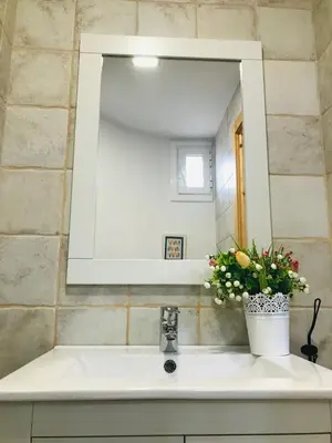 a bathroom sink with a mirror and a vase of flowers at Heart of Gracia in Barcelona