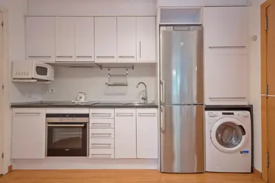 a kitchen with a refrigerator and a washing machine at Alcam Paseo San Juan in Barcelona