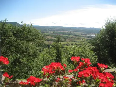 a view from the top of a hill with red flowers at Entre Roures in Moià