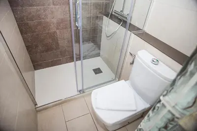 a small bathroom with a toilet and a shower at The Gran Via Penthouse in Barcelona