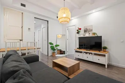 a living room with a couch and a flat screen tv at Camp Nou Apartment in Hospitalet de Llobregat