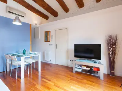 a living room with a table and a television at Barcelona Igualada Apartment in Barcelona