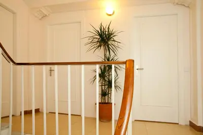 a hallway with a staircase and two potted plants at Tibidabo Apartments in Barcelona