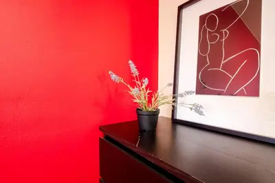 a red wall with a vase with a plant on a dresser at Three Bedroom Apartment in Sants in Barcelona