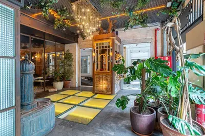 a store entrance with plants and a yellow floor at Casa Gracia in Barcelona