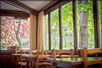 a dining room with tables and chairs and windows at Hostal l'Avet Blau in Santa Fe de Montseny