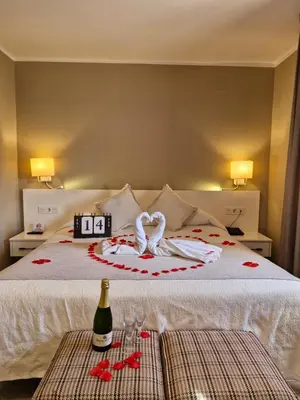 a bedroom with a bed with a wedding ring on it at New Hotel Colon in Mataró