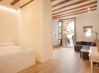 a bedroom with a bed and a living room at Alsina · Historical center - Barrio Gótico in Barcelona
