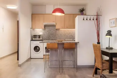 a kitchen with a counter and a refrigerator at Portal Del Angel Barcelona Apartment in Barcelona