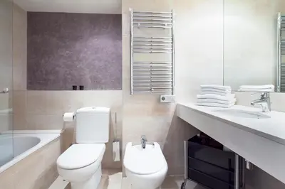 a bathroom with a toilet and a sink and a tub at Inside Barcelona Apartments Mercat in Barcelona