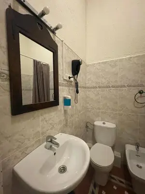 a bathroom with a sink and a toilet and a mirror at Hostal Balmes Centro in Barcelona