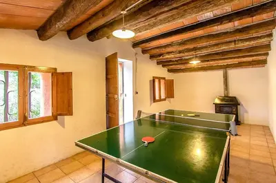 a ping pong table in a living room with a ping pong ball at Catalunya Casas Country Chateau for 22 persons - close to Sitges! in Les Masuques