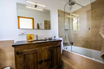 a bathroom with a sink and a shower at Catalunya Casas Majestic Villa and Views , 30km to Barcelona in Corbera de Llobregat
