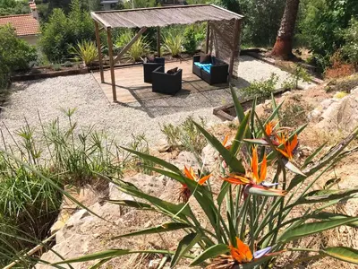 a garden with a gazebo and orange flowers at Casa Mallarenga Rooms in Olivella