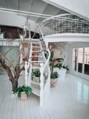 a spiral staircase in a room with potted plants at Suite con Jacuzzi in Canyelles