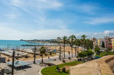 a view of a beach with palm trees and the ocean at Hola Sitges Apartments in Sitges