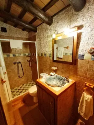 a bathroom with a sink and a shower and a toilet at Masia Can Felip B&B in Llinars del Vallès