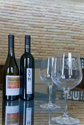 two wine bottles and two wine glasses on a table at Montaber Apartment - Bailén in Barcelona