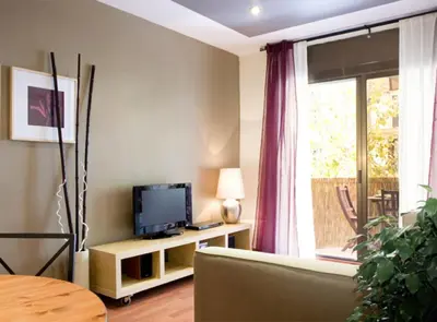 a living room with a couch and a television at Avinguda Gaudi Apartment in Barcelona