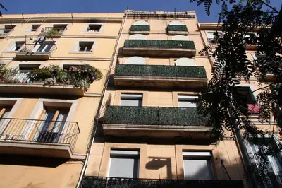 a tall building with green plants on the balconies at Pensión San Ramón in Barcelona