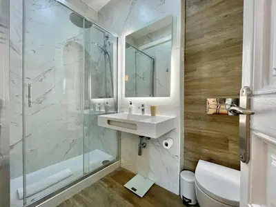 a bathroom with a shower and a sink and a toilet at The Gaudi Suites in Barcelona