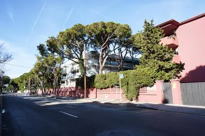 an empty street with trees and a pink building at Calm, Beach and Bikes in Castelldefels
