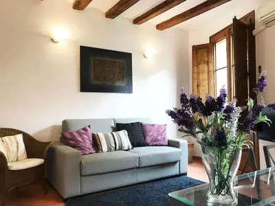 a living room with a couch and a vase of flowers at Top Barcelona Apartments in Barcelona