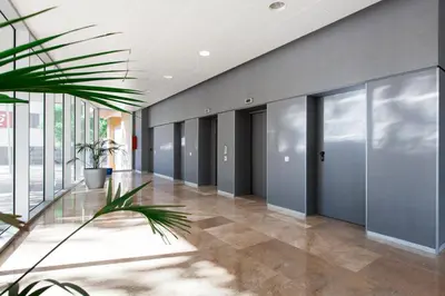 an office lobby with blue walls and a plant at 4131 - AB Diagonal - Sant Adrià de Besòs in Sant Adria de Besos