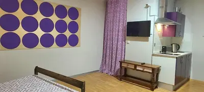 a room with a bed and a kitchen with purple curtains at Great Sleep Loft in Barcelona