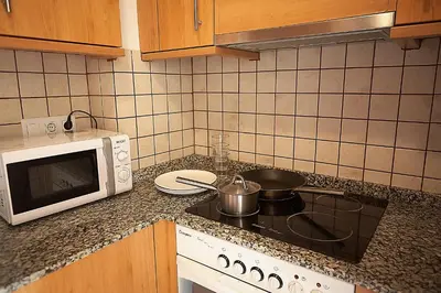 a kitchen with a stove and a microwave at Alguera Apartments Sant Andreu in Barcelona